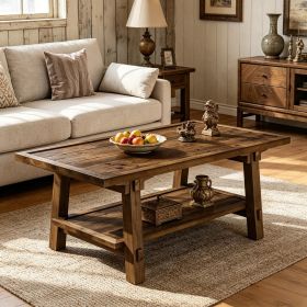 Solid Wood Coffee Table 47" Rectangle Center Table with 2-Tier Shelves Living Room Furniture Rustic Industrial Style