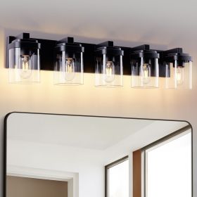 5 Light Bathroom Vanity Light, Matte Black Bathroom Light Fixtures with Clear Glass Shade