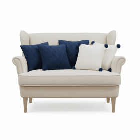 5PC 17.7in Navy Blue Diamond Knit Pillowcase & Cream White Ribbed Knit Pillow Cover with Pom-Poms Set for Home Décor