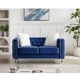 Velvet Upholstery Tufted Sofa Crystal Feet Loveseat Removable Cushion (Color: Navy Blue)