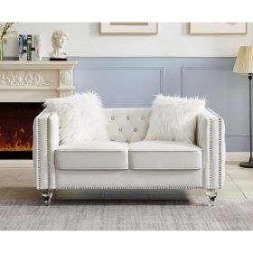 Velvet Upholstery Tufted Sofa Crystal Feet Loveseat Removable Cushion (Color: BEIGE)