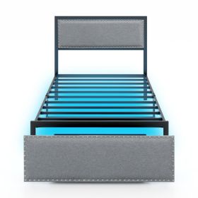 Full/Queen/Twin Size Bed Frame with LED Lights Drawer and Metal Slats (size: Twin Size)